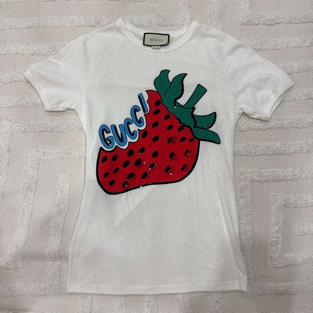 Gucci White Tee with Red Strawberry Design